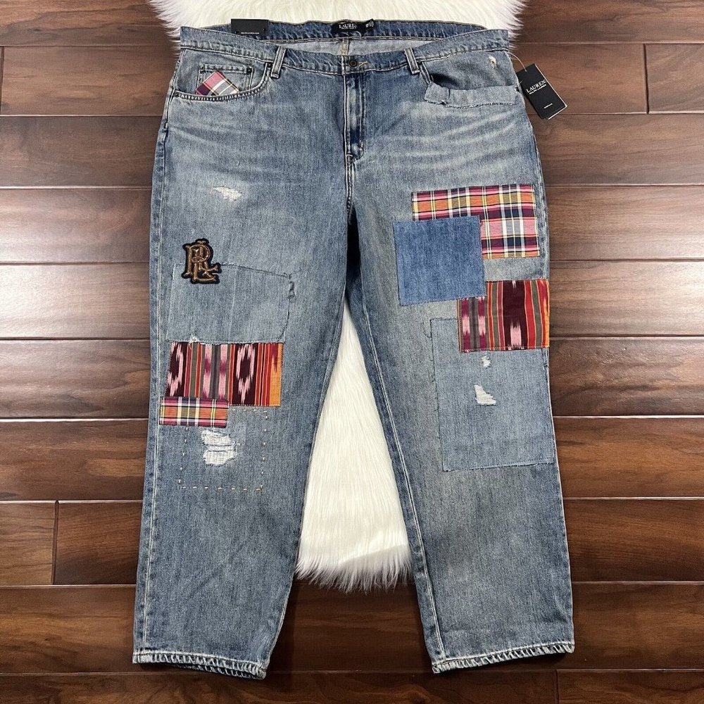 NWT Ralph Lauren Blue Patchwork Distressed Jeans